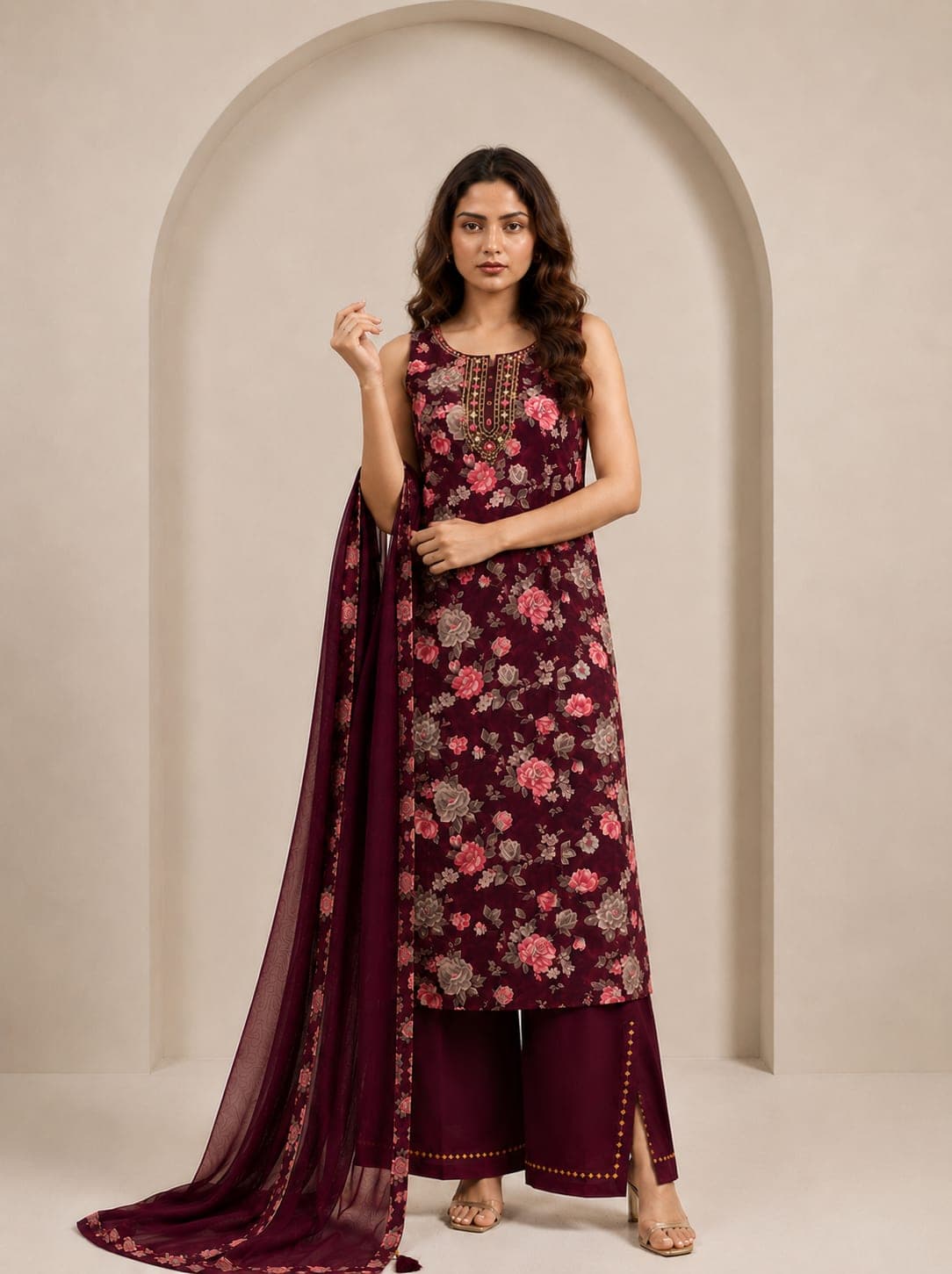 Wine Floral Palazzo Suit